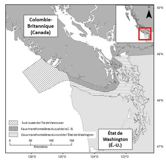 La carte montre les limites de l’habitat essentiel actuel des épaulards résidents du Sud dans les eaux transfrontalières du Sud de la C.-B. et du Nord de l’état de Washington, et de l’habitat essentiel proposé des épaulards résidents du Sud au large du Sud-Ouest de l’île de Vancouver.