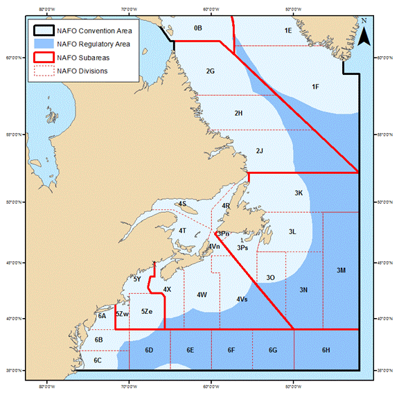 La carte montre la zone règlementée, les sous-zones et les divisions de la convention de l’Organisation des pêches de l’Atlantique Nord-Ouest.