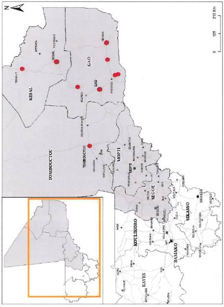 La carte se concentre sur le Mali, et indique les endroits où il y a eu des incidents terroristes en 2013. Les zones de conflit se trouvent dans les régions du nord du pays : Tombouctou, Kidal et Gao.