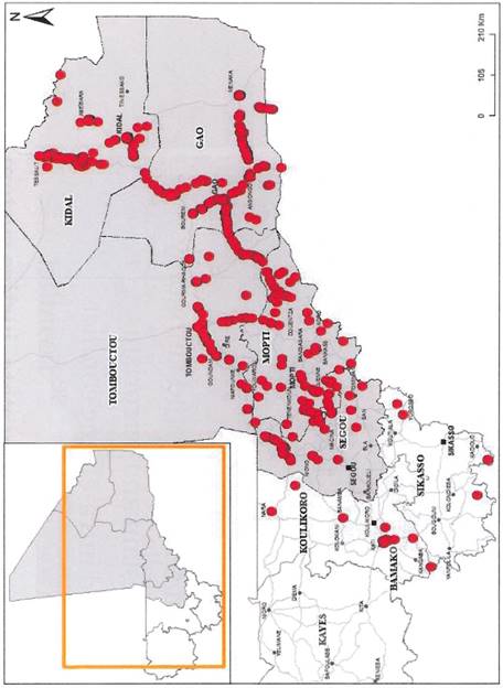 La carte se concentre sur le Mali, et indique les endroits où il y a eu des incidents terroristes entre 2013 et 2017. Les zones de conflit se trouvent dans les régions du nord et du centre du pays : Tombouctou, Kidal, Gao, Mopti et Ségou. D’après la carte, bien que la plupart des incidents terroristes se soient produits dans le nord du Mali (Tombouctou, Kidal et Gao), le nombre d’incidents dans le centre du pays (Mopti et Ségou) a augmenté avec le temps. La carte montre également les incidents terroristes survenus dans le sud du Mali entre 2013 et 2017.