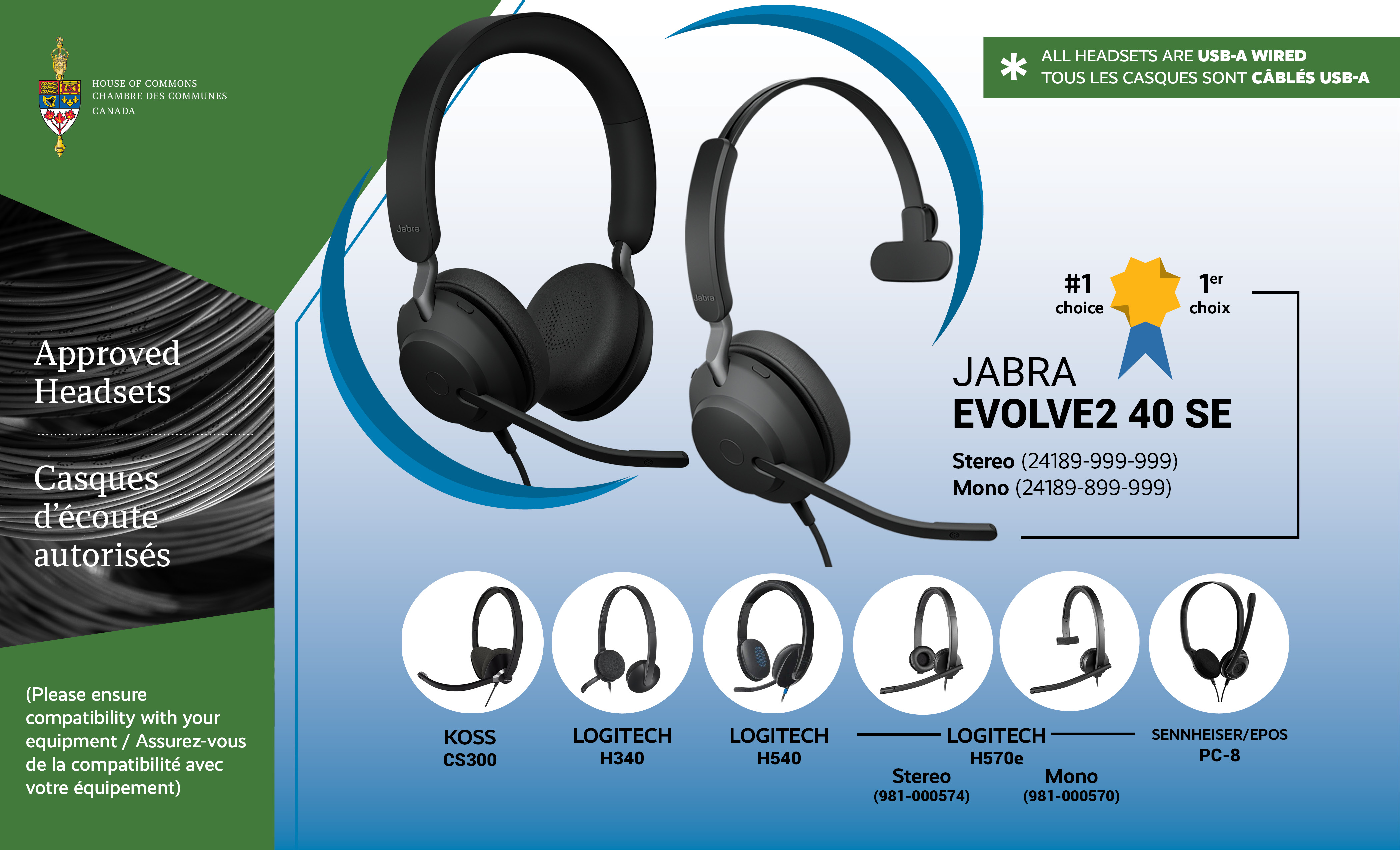 This graphic lists the six pre-approved headsets that can be used for appearances before committee meetings. The number one choice is the Jabra Evolve 40 SE (Stereo and Mono). The other choices are the following: Sennheiser/EPOS PC-8 USB, Logitech H570e (Stereo and Mono), Logitech H340, Logitech H540 and Koss CS300. All headsets are USB-A wired.