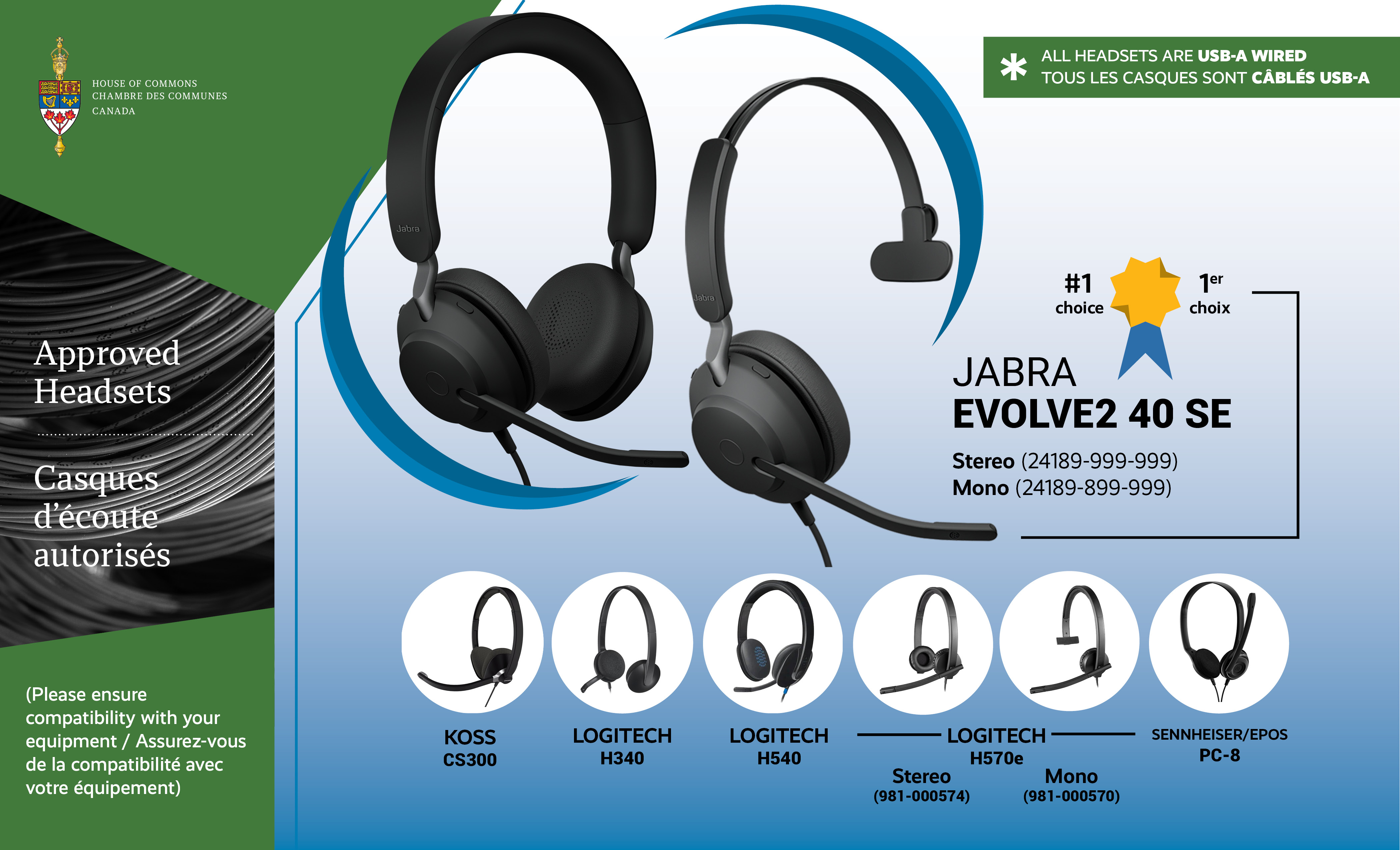 Ce graphique énumère les six casques d’écoute préautorisés qui peuvent être utilisés lors d’une comparution en réunion de comité. Le premier choix est les Jabra Evolve 40 SE (stereo et mono). Les autres choix sont les suivants : Sennheiser/EPOS PC-8 USB, Logitech H570e (stereo et mono), Logitech H340, Logitech H540 et Koss CS300. Tous les casques sont câbles USB-A.