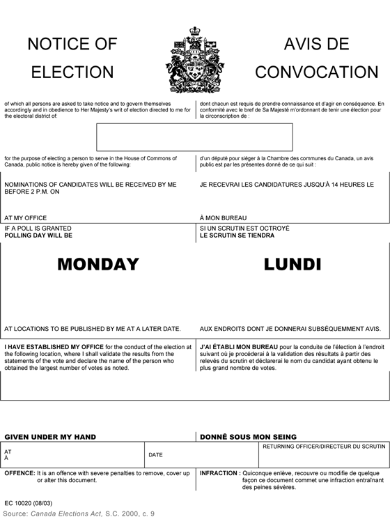 Image of the text of a notice of election prepared by a returning officer.