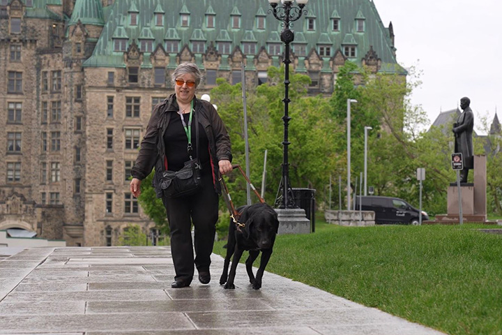 Une travailleuse en situation de handicap se rend au travail avec son chien d'assistance sur la Colline du Parlement