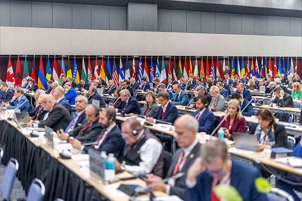 Une grande salle de réunion avec de nombreuses personnes assises à de longues tables. La salle est aménagée pour une assemblée interparlementaire de l'OTAN, avec des drapeaux de différents pays en arrière-plan.