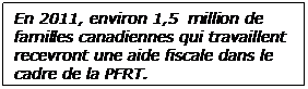  En 2011, environ 1,5  million de familles canadiennes qui travaillent recevront une aide fiscale dans le cadre de la PFRT.