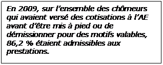  En 2009, sur l’ensemble des chômeurs qui avaient versé des cotisations à l’AE avant d’être mis à pied ou de démissionner pour des motifs valables, 86,2 % étaient admissibles aux prestations. 