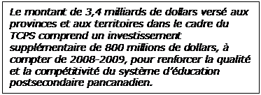  Le montant de 3,4 milliards de dollars versé aux provinces et aux territoires dans le cadre du TCPS comprend un investissement supplémentaire de 800 millions de dollars, à compter de 2008-2009, pour renforcer la qualité et la compétitivité du système d’éducation postsecondaire pancanadien. 