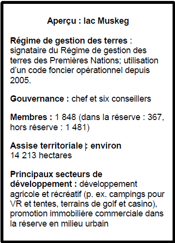 Aperçu : lac Muskeg 
Régime de gestion des terres : signataire du Régime de gestion des terres des Premières Nations; utilisation d’un code foncier opérationnel depuis 2005.
Gouvernance : chef et six conseillers
Membres : 1 848 (dans la réserve : 367, hors réserve : 1 481)
Assise territoriale : environ 14 213 hectares 
Principaux secteurs de développement : développement agricole et récréatif (p. ex. campings pour VR et tentes, terrains de golf et casino), promotion immobilière commerciale dans la réserve en milieu urbain
