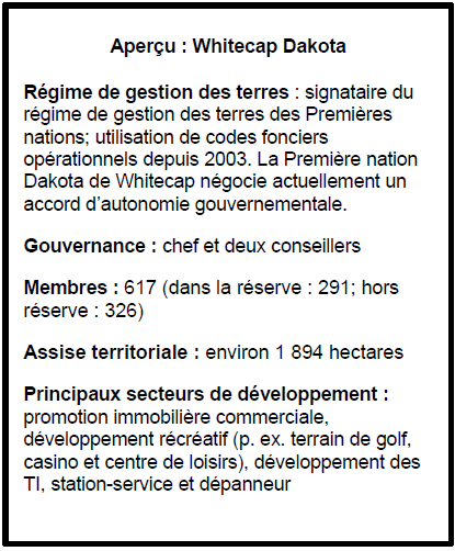 Aperçu : Whitecap Dakota
Régime de gestion des terres : signataire du régime de gestion des terres des Premières nations; utilisation de codes fonciers opérationnels depuis 2003. La Première nation Dakota de Whitecap négocie actuellement un accord d’autonomie gouvernementale.
Gouvernance : chef et deux conseillers 
Membres : 617 (dans la réserve : 291; hors réserve : 326)
Assise territoriale : environ 1 894 hectares 
Principaux secteurs de développement : promotion immobilière commerciale, développement récréatif (p. ex. terrain de golf, casino et centre de loisirs), développement des TI, station-service et dépanneur
