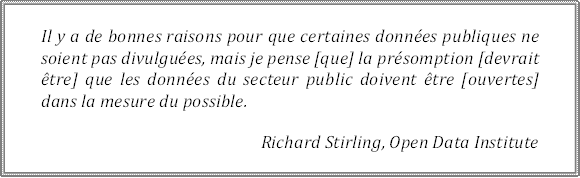 Il y a de bonnes raisons pour que certaines données publiques ne soient pas divulguées, mais je pense [que] la présomption [devrait être] que les données du secteur public doivent être [ouvertes] dans la mesure du possible.
Richard Stirling, Open Data Institute
