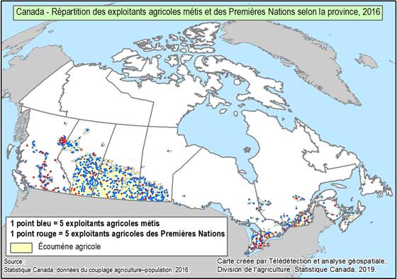 La carte géographique présentée à la Figure 1 présente la répartition des exploitants agricoles métis et des Premières Nations à travers le Canada, selon la province et compare cette distribution à l’écoumène agricole, c’est-à-dire les zones où l’agriculture est possible. Les exploitants agricoles métis et des Premières Nations sont présents dans l’ensemble de l’écoumène agricole. Ils se retrouvent en plus grand nombre au sud de l’Alberta, de la Saskatchewan et du Manitoba. On note également une concentration d’exploitants agricoles métis et des Premières Nations au centre et au nord-est de la Colombie-Britannique ainsi que dans le sud de l’Ontario et long du fleuve Saint-Laurent au Québec. Il y a moins d’exploitants métis et des Premières Nations dans les provinces de l’Atlantique. Enfin, dans l’ensemble des provinces les exploitants métis sont majoritaires, mais les exploitants membres des Premières Nations se retrouvent en proportion plus importante en Colombie-Britannique et en Ontario.