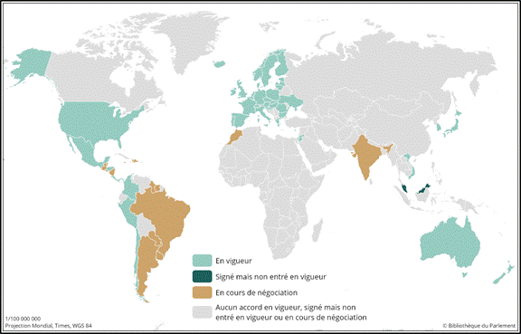 La carte montre les pays avec lesquels le Canada a conclu un accord de commerce international qui est entré en vigueur, a signé un accord de commerce international qui n’est pas entré en vigueur, ou négocie un accord de commerce international.