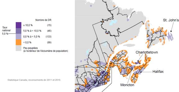 Figure 1 – Croissance de la population du Canada atlantique, par division de recensement, de 2011 à 2016