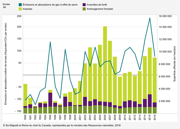 Le tableau présente l’évolution des émissions et de l’absorption de gaz à effet de serre dans les forêts aménagées du Canada entre 1990 et 2016 (en million de tonnes d’équivalent de dioxyde de carbone par année). Un nombre positif indique une émission nette d’équivalent de dioxyde de carbone par les forêts aménagées du Canada. Un nombre négatif indique une absorption nette. Le tableau présente également les zones annuelles de forêts perturbées (en hectare) entre 1990 et 2016 par les trois agents que sont (1) l’aménagement forestier, (2) les incendies de forêt et (3) les insectes.