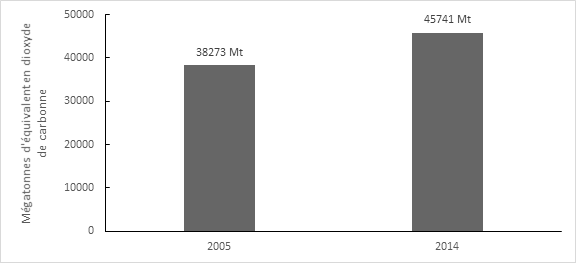 En 2005, les émissions de gaz à effet de serre à l’échelle mondiale ont été de 38 273 mégatonnes d’équivalent en dioxyde de carbone. En 2014, ces émissions ont atteint 45 741 mégatonnes d’équivalent en dioxyde de carbone.