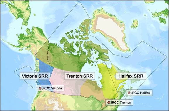 Image montrant comment se divisent les régions de recherche et sauvetage à l’échelle du Canada. Dans ces régions, on trouve un Centre conjoint de coordination des opérations de sauvetage à Victoria, à Trenton et à Halifax. 