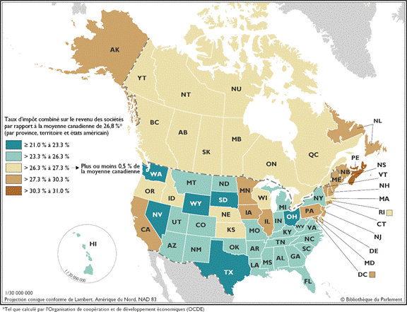 La carte illustre le taux combiné d’impôt sur le revenu des sociétés dans les provinces et territoires canadiens ainsi que dans les États américains en comparaison avec la moyenne pondérée au Canada, qui s’élève à 26,8 % selon l'Organisation de coopération et de développement économiques (OCDE).

Les provinces et territoires canadiens et les États américains sont regroupés en cinq catégories par rapport à la moyenne pondérée. La classe moyenne, en ocre, se trouve dans les provinces, territoires et États, qui affichent un taux à 0,5 % de la moyenne canadienne. Cette catégorie comprend les trois territoires et six provinces du Canada ainsi que cinq États américains. En brun pâle, on trouve les provinces et États qui affichent un taux oscillant entre 0,5 % et 3,0 % au-dessus de la moyenne canadienne, soit entre 27,3 % et 30,3 %. Cette catégorie comprend deux provinces canadiennes et 14 États américains. On trouve dans la catégorie en brun foncé seules deux provinces de l’Est du Canada, dont le taux se situe entre 30,3 % et 31,0 %. De même, on voit en vert pâle les provinces et États qui affichent un taux oscillant entre 0,5 % et 3,0 % au-dessous de la moyenne canadienne, soit entre 23,3 % et 26,3 %. Cette catégorie comprend 24 États américains. La catégorie en vert foncé comprend quant à elle six États américains dont le taux est égal ou supérieur à 21,0 % et 23,3 %.

En résumé, la plupart des provinces et territoires du Canada ont un taux combiné d’impôt sur le revenu des sociétés qui se situe à moins de 0,5 % de la moyenne canadienne ou plus. Aux États-Unis, le même taux varie de 21,0 %, à un maximum de 30,3 %.
