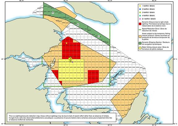 La carte identifie les quadrilatères fermés dans le sud du Golfe du Saint-Laurent en raison de la présence de baleines noires de l’Atlantique Nord en date du 13 aout 2018. Les coordonnées représentent le contour des quadrilatères GU36 (partie), GU37 (partie) et GU38 (partie).