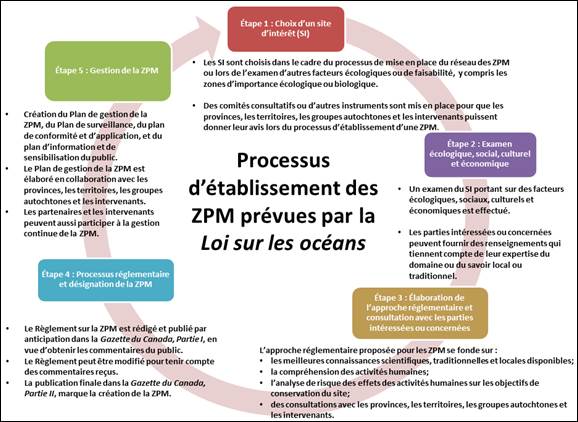 Graphique préparée par Pêches et Océans Canada illustrant le processus en cinq étapes qu’il utilise pour définir, créer et gérer des zones de protection marine conformément à la Loi sur les océans. L’étape 1 est celle de la mise sur pied des comités consultatifs qui prendront part au processus de création des zones de protection marine. Les connaissances des peuples autochtones et des collectivités côtières – notamment les données socioéconomiques – sont prises en compte à l’étape 2. À l’étape 3, on fixe les objectifs de conservation, on délimite la zone de protection marine proposée et on évalue les risques que représente l’activité humaine. L’étape 4 tourne autour du processus réglementaire et de la désignation de la zone. Lorsqu’une zone de protection marine est officiellement désignée, on met en place un plan de gestion adaptative à l’étape finale, qui est l’étape 5.