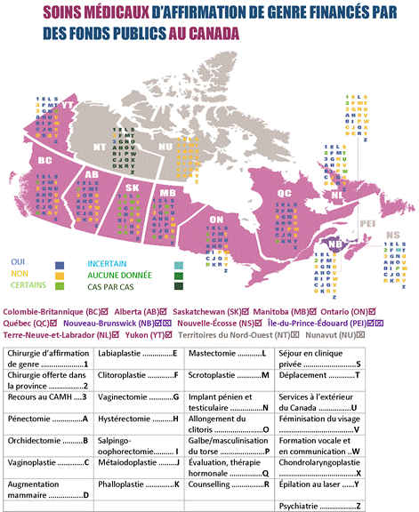 Une carte du Canada présente des informations sur les soins médicaux d’affirmation de genre qui sont financés par les provinces et les territoires. La carte indique aussi si les chirurgies d’affirmation de genre sont effectuées dans le territoire ou la province concerné. Au Yukon, les soins médicaux d’affirmation de genre suivants sont couverts par le régime public : pénectomie, orchidectomie, vaginoplastie, labiaplastie, clitoroplastie, vaginectomie, hystérectomie, salpingo-oophorectomie, métaiodoplastie, phalloplastie, mastectomie, scrotoplastie, implant pénien et testiculaire, allongement du clitoris, galbe/masculinisation du torse, évaluation pour la thérapie hormonale, séjour en clinique privée, déplacement, et psychiatrie. Au Yukon, les soins médicaux d’affirmation de genre suivants ne sont pas couverts par le régime public: augmentation mammaire, counselling, féminisation du visage, formation vocale et en communication , chondrolaryngoplastie, épilation au laser. La couverture pour les services à l’extérieur du Canada est incertaine. Aucune chirurgie d’affirmation de genre n’est offerte au Yukon. En Colombie Britannique, les soins médicaux d’affirmation de genre suivants sont couverts par le régime public : pénectomie,  orchidectomie, vaginoplastie, labiaplastie, clitoroplastie, vaginectomie, hystérectomie, salpingo-oophorectomie, métaiodoplastie, phalloplastie, mastectomie, scrotoplastie, implant pénien et testiculaire, allongement du clitoris, galbe/masculinisation du torse, évaluation pour thérapie hormonale, séjour en clinique privée, services à l’extérieur du Canada, psychiatrie. Les soins médicaux d’affirmation de genre suivants ne sont pas couverts en Colombie-Britannique : counselling, déplacement, féminisation du visage, formation vocale et en communication, chondrolaryngoplastie, épilation au laser. L’augmentation mammaire est parfois couverte en Colombie-Britannique.  Certaines chirurgies d’affirmation de genre sont effectuées en Colombie-Britannique. En Alberta, les soins médicaux d’affirmation de genre suivants sont couverts par le régime public : pénectomie, orchidectomie, vaginoplastie, labiaplastie, clitoroplastie, vaginectomie, hystérectomie, salpingo-oophorectomie, métaiodoplastie, phalloplastie, mastectomie, scrotoplastie, implant pénien et testiculaire, allongement du clitoris, , évaluation pour thérapie hormonale, séjour en clinique privée, déplacement, psychiatrie. Les soins médicaux d’affirmation de genre suivants ne sont pas couverts en Alberta : augmentation mammaire, galbe/masculinisation du torse, counselling, services à l’extérieur du Canada, féminisation du visage, formation vocale et en communication, chondrolaryngoplastie, épilation au laser. Certaines chirurgies d’affirmation de genre sont effectuées en Alberta. En Saskatchewan, les soins médicaux d’affirmation de genre suivants sont couverts par le régime public : l’orchidectomie,  la vaginectomie, l’hystérectomie, la salpingo-oophorectomie, mastectomie, évaluation pour thérapie hormonale, counselling, et la psychiatrie. Les soins médicaux d’affirmation de genre suivants ne sont pas couverts par le régime public en Saskatchewan : galbe/masculinisation du torse, déplacement, féminisation du visage, chondrolaryngoplastie , et l’épilation au laser. Dans certains cas, les soins médicaux d’affirmation de genre suivants sont couverts par le régime public en Saskatchewan : pénectomie, vaginoplastie, augmentation mammaire, labiaplastie, clitoroplastie,  métaiodoplastie, phalloplastie, scrotoplastie, implant pénien et testiculaire,allongement du clitoris, séjour en clinique privée, services à l’extérieur du Canada, formation vocale et en communication. Certaines chirurgies d’affirmation de genre sont effectuées en Saskatchewan. Au Manitoba, les soins médicaux d’affirmation de genre suivants sont couverts par le régime public : pénectomie, orchidectomie, vaginoplastie,  labiaplastie, clitoroplastie, vaginectomie, hystérectomie, salpingo-oophorectomie, métaiodoplastie, phalloplastie, mastectomie, allongement du clitoris, galbe/masculinisation du torse, évaluation pour thérapie hormonale,  séjour en clinique privée, déplacement, services à l’extérieur du Canada, psychiatrie. Les soins médicaux d’affirmation de genre suivants ne sont pas couverts par le régime public au Manitoba : counselling, féminisation du visage, formation vocale et en communication, chondrolaryngoplastie. Dans certains cas, les soins médicaux d’affirmation de genre suivants sont couverts par le régime public au Manitoba : augmentation mammaire, scrotoplastie, implant pénien et testiculaire, et l’épilation au laser. Certaines chirurgies d’affirmation de genre sont effectuées au Manitoba. En Ontario, les soins médicaux d’affirmation de genre suivants sont couverts par le régime public : pénectomie, orchidectomie, vaginoplastie, labiaplastie, clitoroplastie, vaginectomie, hystérectomie, salpingo-oophorectomie, métaiodoplastie, phalloplastie, mastectomie, scrotoplastie, implant pénien et testiculaire, allongement du clitoris, évaluation pour thérapie hormonale, counselling, séjour en clinique privée, services à l’extérieur du Canada et psychiatrie. Les augmentations mammaires sont couvertes dans certains cas. Les soins médicaux d’affirmation de genre suivants ne sont pas couverts par le régime public en Ontario : galbe/masculinisation du torse, déplacement, féminisation du visage, formation vocale et en communication, chondrolaryngoplastie, et l’épilation au laser. Certaines chirurgies d’affirmation de genre sont effectuées en Ontario. Au Québec, les soins médicaux d’affirmation de genre suivants sont couverts par le régime public : pénectomie, orchidectomie, vaginoplastie, labiaplastie, clitoroplastie, vaginectomie, hystérectomie, salpingo-oophorectomie, métaiodoplastie, phalloplastie, mastectomie, scrotoplastie, implant pénien et testiculaire, allongement du clitoris, évaluation pour thérapie hormonale, counselling, séjour en clinique privée, l’épilation au laser et psychiatrie. Les augmentations mammaires sont couvertes dans certains cas. Le Québec est la seule province où sont effectuées toutes les chirurgies d’affirmation de genre. Les soins médicaux d’affirmation de genre suivants ne sont pas couverts par le régime public au Québec : galbe/masculinisation du torse, déplacement, services à l’extérieur du Canada, féminisation du visage, formation vocale et en communication, chondrolaryngoplastie. Au Nouveau-Brunswick, les soins médicaux d’affirmation de genre suivants sont couverts par le régime public : pénectomie, orchidectomie , vaginoplastie, labiaplastie, clitoroplastie, vaginectomie, hystérectomie, salpingo-oophorectomie, métaiodoplastie, phalloplastie, mastectomie, scrotoplastie, implant pénien et testiculaire, allongement du clitoris, galbe/masculinisation du torse, évaluation pour thérapie hormonale, psychiatrie.Les soins médicaux d’affirmation de genre suivants ne sont pas couverts par le  régime public au Nouveau-Brunswick : augmentation mammaire, counselling, séjour en clinique privée, déplacement, services à l’extérieur du Canada, féminisation du visage, formation vocale et en communication, chondrolaryngoplastie,  et l’épilation au laser. Certaines chirurgies d’affirmation de genre sont effectuées au Nouveau-Brunswick. En Nouvelle Écosse, les soins médicaux d’affirmation de genre suivants sont couverts par le régime public : pénectomie, orchidectomie, vaginoplastie,  labiaplastie, clitoroplastie, vaginectomie, hystérectomie, salpingo-oophorectomie, métaiodoplastie, phalloplastie, mastectomie, implant pénien et testiculaire, allongement du clitoris, évaluation, thérapie hormonale, séjour en clinique privée, déplacement et psychiatrie. Les soins médicaux d’affirmation de genre suivants ne sont pas couverts par le régime public en Nouvelle Écosse : augmentation mammaire, counselling, services à l’extérieur du Canada ,féminisation du visage, formation vocale et en communication, chondrolaryngoplastie, et l’épilation au laser. Dans certains cas, la chirurgie de galbe et masculination du torse est couverte par le régime public en Nouvelle-Écosse. La couverture de la scrotoplastie est incertaine. Certaines chirurgies d’affirmation de genre sont effectuées en Nouvelle-Écosse. À l’Île du Prince Édouard, les soins médicaux d’affirmation de genre suivants sont couverts par le régime public : pénectomie, orchidectomie, hystérectomie, salpingo-oophorectomie, mastectomie, évaluation pour la thérapie hormonale, counselling et psychiatrie. Les soins médicaux d’affirmation de genre suivants ne sont pas couverts par le régime public à l’Île du Prince Édouard: vaginoplastie, augmentation mammaire, labiaplastie, clitoroplastie, vaginectomie, métaiodoplastie, phalloplastie, scrotoplastie, implant pénien et testiculaire, allongement du clitoris, galbe/masculinisation du torse, séjour en clinique privée, déplacement, services à l’extérieur du Canada, féminisation du visage,formation vocale et en communication, chondrolaryngoplastie et l’épilation au laser.  Certaines chirurgies d’affirmation de genre sont effectuées à l’Île du Prince Édouard. À Terre-Neuve et Labrador, les soins médicaux d’affirmation de genre suivants sont couverts par le régime public : pénectomie, orchidectomie, vaginoplastie, labiaplastie, clitoroplastie, vaginectomie, hystérectomie, salpingo-oophorectomie, mastectomie, scrotoplastie, évaluation pour thérapie hormonale, counselling et psychiatrie. Les soins médicaux d’affirmation de genre suivants ne sont pas couverts par le régime public à Terre-Neuve et Labrador : augmentation mammaire, métaiodoplastie, phalloplastie, implant pénien et testiculaire, allongement du clitoris, galbe/masculinisation du torse, séjour en clinique privée, féminisation du visage, chondrolaryngoplastie, et l’épilation au laser. Dans certains cas, les chirurgies d’affirmation de genre suivantes sont couvertes par le régime public à Terre-Neuve et Labrador : déplacement, services à l’extérieur du Canada, et la formation vocale et en communication. Certaines chirurgies d’affirmation de genre sont effectuées à Terre-Neuve et Labrador. Au Nunavut, aucun soins médicaux d’affirmation de genre n’est couvert par le régime public, et aucune chirurgie d’affirmation de genre n’est offerte. Dans les Territoires du Nord-Ouest, ces soins sont couverts au cas par cas, et aucune chirurgie d’affirmation de genre n’est offerte.