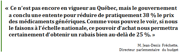 « Ce n’est pas encore en vigueur au Québec, mais le gouvernement a conclu une entente pour réduire de pratiquement 38 % le prix des médicaments génériques. Comme vous pouvez le voir, si nous le faisons à l’échelle nationale, ce pouvoir d’achat nous permettra certainement d’obtenir un rabais bien au-delà de 25 %. »