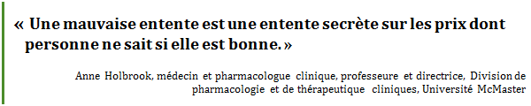 « Une mauvaise entente est une entente secrète sur les prix dont personne ne sait si elle est bonne. »
Anne Holbrook, médecin et pharmacologue clinique, professeure et directrice, Division de pharmacologie et de thérapeutique cliniques, Université McMaster
 - Title: Citation - Description: « Une mauvaise entente est une entente secrète sur les prix dont personne ne sait si elle est bonne. »
Anne Holbrook, médecin et pharmacologue clinique, professeure et directrice, Division de pharmacologie et de thérapeutique cliniques, Université McMaster
