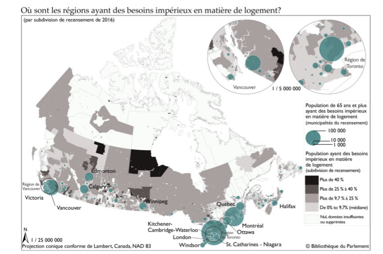 Carte préparée par la Bibliothèque du Parlement en 2017 à l’aide de données de Statistique Canada, Recensement du Canada de 2016. Tableaux du Profil du recensement. Au moyen de CHASS (consulté en novembre 2017) et de Statistiques Canada, Recensement de 2016 — Fichiers des limites, Ottawa, Statistique Canada, 2016; Statistique Canada et Société canadienne d’hypothèques et de logement, Besoins impérieux en matière de logement, Recensement de 2016, Ottawa, Statistique Canada, 2016; Statistique Canada, Recensement du Canada de 2016, Tableaux de données: Logement, No au catalogue 98 400-X2016234. Le logiciel suivant a été utilisé : Esri, ArcGIS, version 10.3.1. Contient de l’information visée par l’Entente de licence ouverte de Statistique Canada.