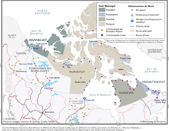 Cette carte montre l’infrastructure des transports dans le nord du Canada. La carte illustre également l’emplacement géographique des peuples autochtones et des gouvernements territoriaux et provinciaux concernés par le Cadre stratégique pour l’Arctique. Le Cadre stratégique pour l’Arctique touche le nord du Manitoba, le Yukon, les Territoires du Nord-Ouest, le Nunavut et l’Inuit Nunangat. L’Inuit Nunangat comprend la région de l’Inuvialuit au Yukon et aux Territoires du Nord-Ouest, le territoire du Nunavut, la région du Nunavik au Québec et la région du Nunatsiavut au Labrador.