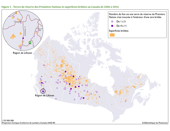Title: Terres de réserve des Premières Nations et superficies brûlée au Canada de 2006 à 2016 - Description: Cette carte montre les terres de réserve des Premières Nations situées à l’intérieur d’une aire brûlée au Canada entre 2006 et 2016. Au cours de ces 10 années, des terres de réserve de 75 Premières Nations se sont trouvées à l’intérieur d’une aire brûlée. Chacune des Premières Nations est représentée par un point. Les points violets clairs représentent les terres de réserve des Premières Nations s’étant trouvées de 1 à 3 fois à l’intérieur d’une aire brûlée, et les points violets foncés représentent les terres s’étant trouvées de 4 à 11 fois à l’intérieur d’une aire brûlée durant la période.  

La carte montre aussi l’étendue de toutes les superficies brûlées au Canada entre 2006 et 2016. 

Les superficies brûlées sont définies par RNCan, le Service canadien des forêts et le Centre canadien de cartographie et d’observation de la Terre dans le système FireMARS (Fire Monitoring, Accounting and Reporting System). Ces superficies sont cartographiées annuellement à l’échelle nationale par l’intégration des données satellitaires de résolution spatiale plus ou moins fine fournies par des agences provinciales et territoriales. 

Seules les superficies brûlées d’au moins 200 hectares entrent dans l’analyse car, selon la Base nationale de données sur les feux de forêt du Canada (BNDFFC), ces superficies comptent pour plus de 97 % de tout l’espace brûlé. 

Les superficies brûlées vont d’aires partiellement brûlées (de 1 à 25 %) à des aires totalement brûlées (de 76 à 100 %). 