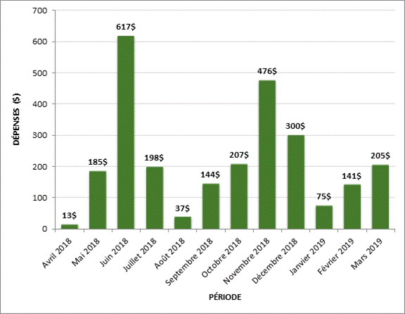 La figure 2 montre la ventilation des dépenses des comités par mois en milliers de dollars : avril 2018, 13 000 $; mai 2018, 185 000 $; juin 2018, 617 000 $; juillet 2018, 198 000 $; août 2018, 37 000 $; septembre 2018, 144 000 $; octobre 2018, 207 000 $; novembre 2018, 476 000 $; décembre 2018, 300 000 $; janvier 2019, 75 000 $; février 2019, 141 000 $; mars 2019, 205 000 $.