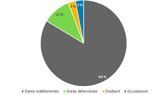 La figure 1 est un diagramme circulaire qui illustre, en pourcentages, la composition de la fonction publique fédérale selon le type d’employé en 2018. Les employés nommés pour une durée indéterminée (ou employés permanents) représentaient 84 % de l’effectif fédéral, tandis que les employés nommés pour une durée déterminée représentaient 11 %, les étudiants 3 % et les employés temporaires 3 %.