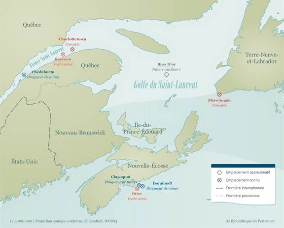 Cette carte montre les emplacements où huit (8) navires de guerre canadiens ont été coulés pendant la Seconde Guerre mondiale : le dragueur de mines Chedabucto, le yacht armé Raccoon et la corvette Charlottetown dans le fleuve Saint-Laurent;  le navire auxiliaire Bras d’or dans le golfe du Saint Laurent (emplacement approximatif); les dragueurs de mines Clayoquot et Esquimalt avec le yacht armé Otter près de Halifax (Nouvelle Écosse) et la corvette Shawinigan près de Channel Port aux Basques (Terre Neuve).