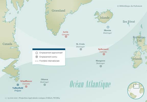 Cette carte montre les emplacements où huit (8) navires de guerre canadiens ont été coulés pendant la Seconde Guerre mondiale : la frégate Valleyfield, la corvette Windflower et le destroyer Ottawa au large de la côte sud-est de Terre Neuve et Labrador; la corvette Levis au sud-est du Groenland; le destroyer Skeena (emplacement approximatif) au sud de l’Islande, et les destroyers St. Croix et Margaree et le Spikenard, au milieu de l’Atlantique Nord.
