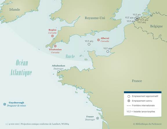 Cette carte montre les emplacements où treize (13) navires de guerre canadiens ont été coulés pendant la Seconde Guerre mondiale : le dragueur de mines Guysborough au nord-ouest de la France; la corvette Regina, au nord de la Cornouailles (R. U.); les corvettes Trentonian et Alberni et deux vedettes lance torpilles (emplacements approximatifs) dans la Manche entre Le Havre (France) et le sud de la Cornouailles (Royaume Uni); cinq (5) vedettes lance-torpilles (emplacements approximatifs), coulés dans le port d’Ostende (Belgique); le destroyer Athabaskan à l’extrémité nord-ouest de la France et le destroyer Fraser dans l’Atlantique, à l’ouest de la France.