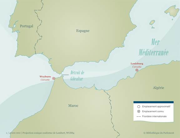 Cette carte montre les emplacements où deux (2) navires de guerre canadiens ont été coulés pendant la Seconde Guerre mondiale : le Weyburn, immédiatement à l’ouest de l’entrée du détroit de Gibraltar, et le Louisburg, sur la côte nord de l’Algérie.