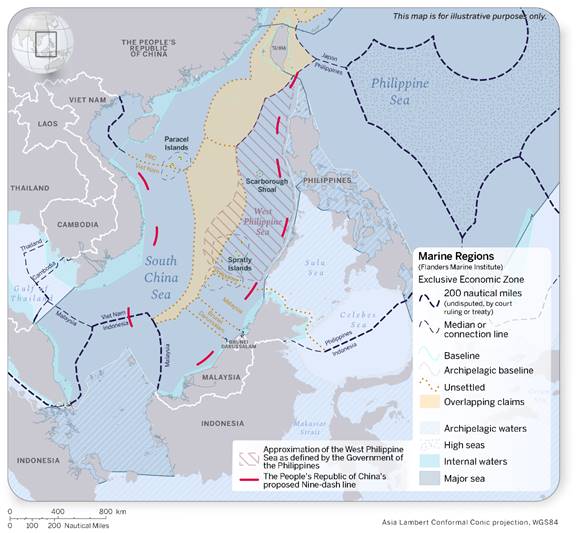 Map illustrating the West Philippine Sea, defined by the Government of the Philippines, and the People’s Republic of China’s 9-Dash line, and the interactions with the exclusive economic zones (EEZs) in the South China Sea. The undisputed, unsettled and overlapping EEZs are displayed, as well as internal coastal waters, and the archipelagic waters of the Philippines and Indonesia.