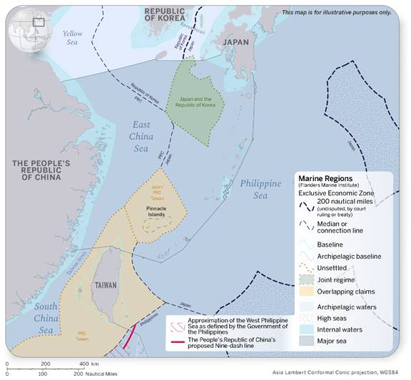 Map illustrating the exclusive economic zones (EEZs) in the East China Sea. Joint regimes, and undisputed, unsettled, and overlapping EEZs are displayed, as well as internal coastal waters. A small portion of the West Philippine Sea, as defined by the Philippines, and the People’s Republic of China’s proposed 9-Dash line appear in the southern part of the map.