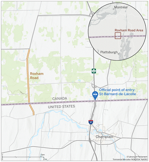 This map represents the area around Roxham Road and shows the Canada-United States border separating Quebec and the state of New York. On the American side, the city of Champlain is a little over three kilometers away from the official port of entry of Saint-Bernard-de-Lacolle in Quebec, Canada. Roxham Road runs north-south, with about a one km portion of the road on the American side of the border. It is approximately four kilometres west of Saint-Bernard-de-Lacolle. Within the map, there is a smaller inserted map further contextualizing the location of the area around Roxham Road. This smaller map shows a larger portion of the Canada-United States border in Quebec and the states of New York and Vermont. It also puts into perspective how close Montréal is from the Roxham Road area to the north, and how close Plattsburgh is to the south.