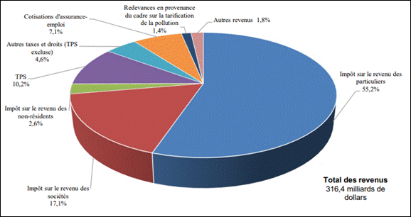 La figure représente un graphique circulaire montrant comment les 316 milliards de dollars de recettes fédérales sont répartis. L’impôt sur le revenu des particuliers est à 55,2%; l’impôt sur le revenu des sociétés est à 17,1%; l’mpôt sur le revenu des non-résidents est à 2,6%; la TPS est à 10,2%; les autres taxes et droits (TPS exclue) sont à 4,6%; les cotisations d'assurance-emploi sont à 7,1%; les redevances en provenance du cadre sur la tarification de la pollution sont à 1,4%; et les autres revenus sont à 1,8%.