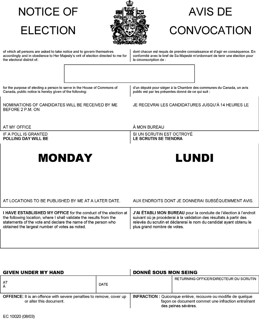 Image of the text of a notice of election prepared by a returning officer.