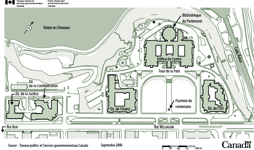 Image illustrant une carte des édifices de la colline du Parlement. D’ouest en est, nous trouvons l’édifice de la Justice, de la Confédération, de l’Ouest, du Centre avec sa Tour de la paix et sa Bibliothèque du Parlement et l’édifice de l’Est.