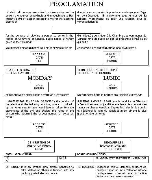 Image du texte d’une proclamation publique du directeur du scrutin avant un jour de scrutin.