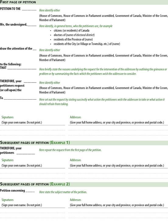 An image showing the format to be followed for the first and subsequent pages of a typical petition.