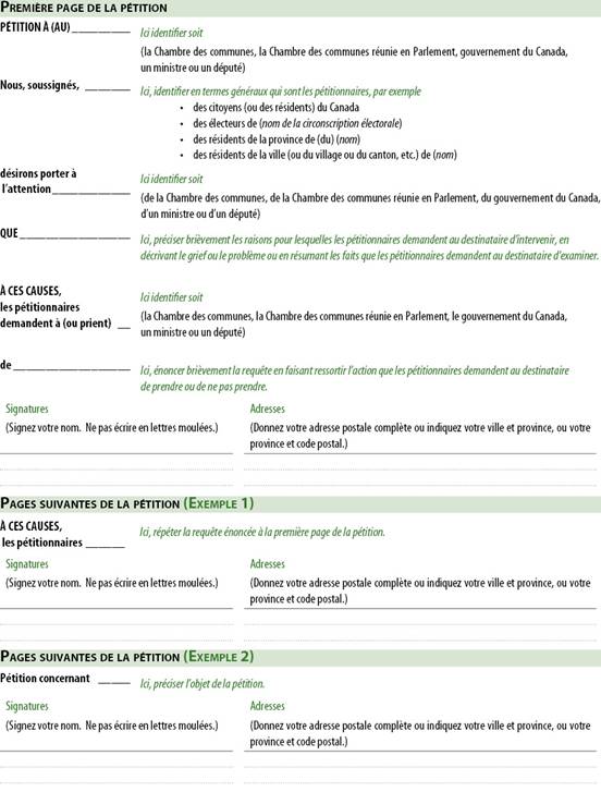 Image montrant le modèle à suivre pour la première page et les autres pages d'une pétition typique.