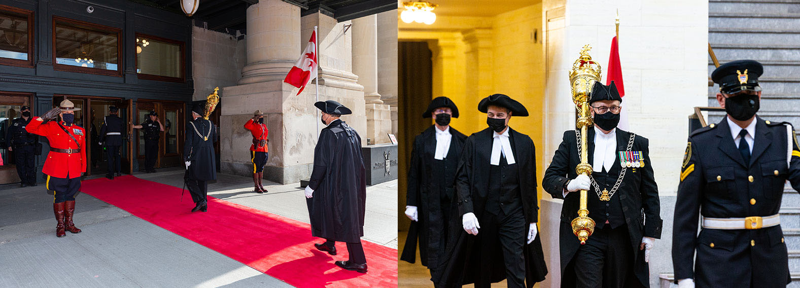 Photo du sergent d’armes (portant la masse) et du Président arrivant à l’édifice du Sénat pour la lecture du discours du Trône