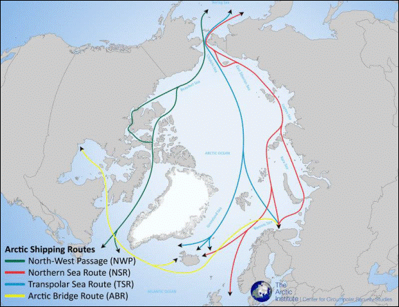 Carte de l’Arctique circumpolaire. Les lignes représentent les routes maritimes possibles, y compris la route du passage du Nord-Ouest passant par l’archipel arctique canadien; la route maritime du Nord le long de la côte arctique russe, et la route du pont de l’Arctique entre l’Europe du Nord, l’Islande et la baie d’Hudson au Canada. Elle montre aussi la route maritime transpolaire, qui traverserait l’océan Arctique central du détroit de Bering en direction de l’Europe du Nord, de l’Islande et au-delà.