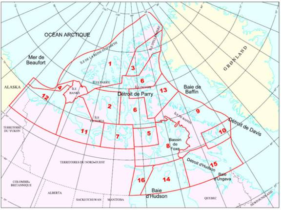 Carte montrant les zones de contrôle de sécurité de la navigation dans l’Arctique canadien. Les zones sont numérotées de 1 à 16. Plus le nombre est faible, plus les conditions des glaces sont extrêmes. Par exemple, la zone maritime à l’ouest de l’île d’Ellesmere dans le Haut-Arctique porte le numéro 1. Le golfe Amundsen dans la mer de Beaufort près de la côte du Yukon et des Territoires du Nord Ouest forme la zone 12. La petite région maritime entre ces deux zones – au large de la côte ouest de l’île Banks – forme la zone 4.