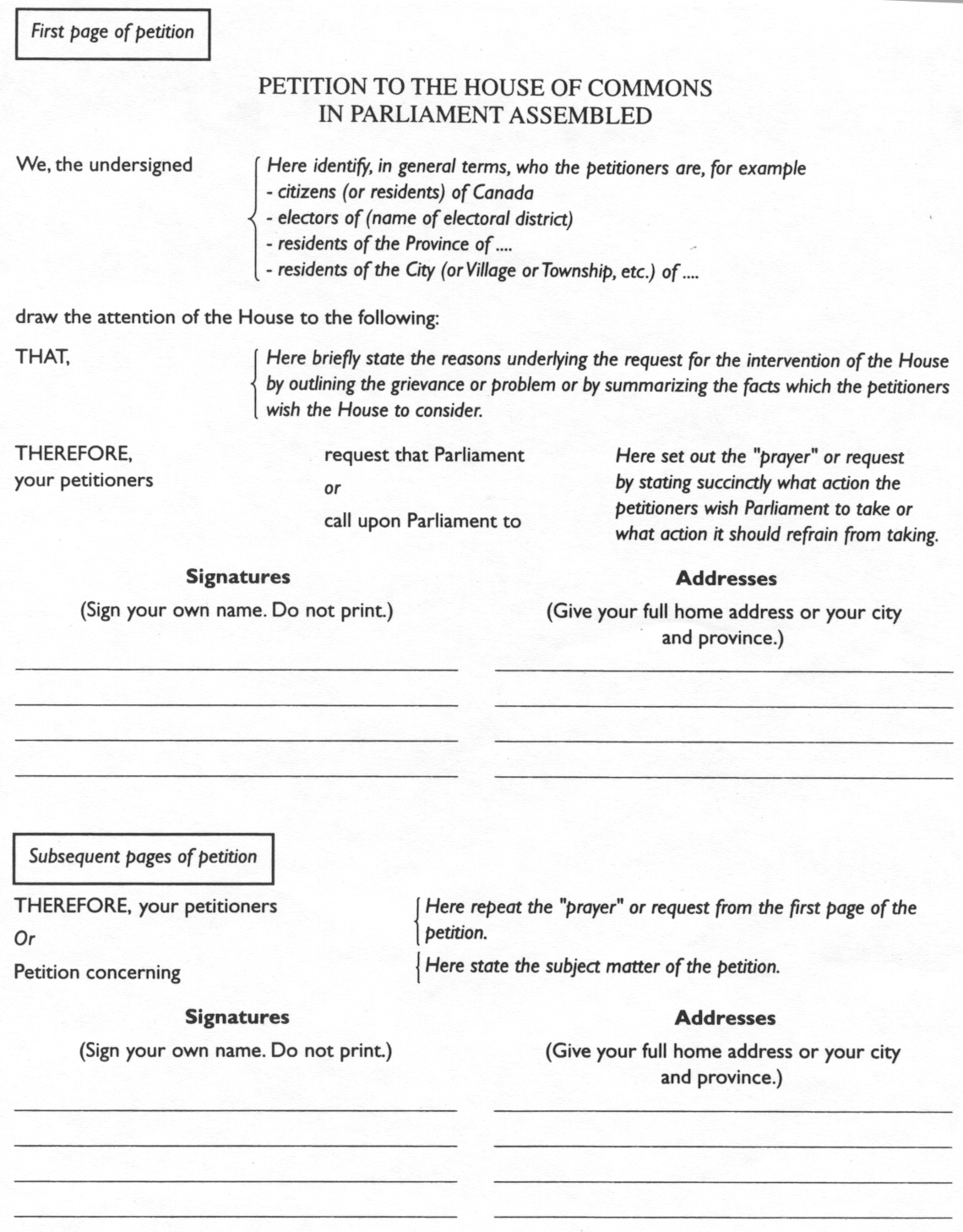 An image showing the format to be followed for the first and subsequent pages of a typical petition.
