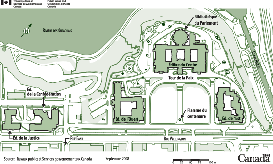 Image illustrant une carte des édifices de la colline du Parlement. 
